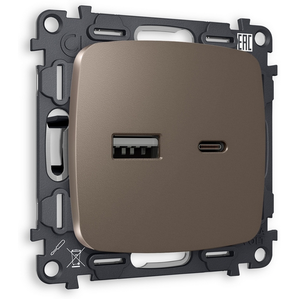 

Комплект механизма Ambrella Volt розетки OMEGA MO641010 Темная бронза матовый 2USB A+C 20W быстрая зарядка QUANT, Quant MO641010