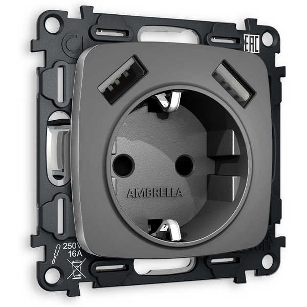 

Комплект механизма Ambrella Volt электрической розетки OMEGA MO659010 Антрацит серый 2USB A+A 18W быстрая зарядка с заземлением и шторками 2P+E 16A-250V QUANT, Quant MO659010