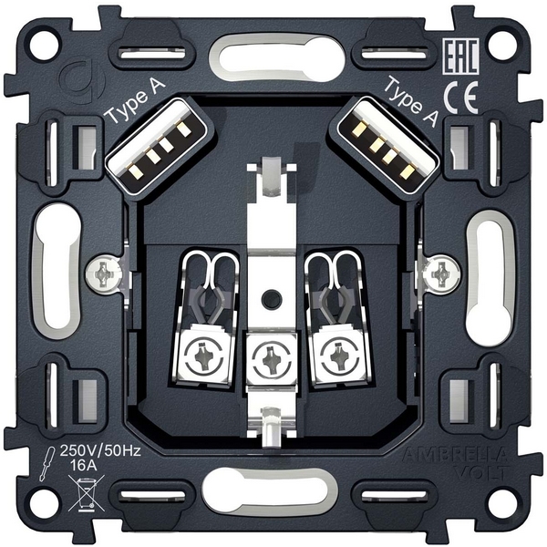 

Механизм электрической розетки Ambrella Volt 2USB A+A 18W быстрая зарядка с заземлением на винтовых зажимах 16A 250V QUANT VM155, Серый, Quant VM155