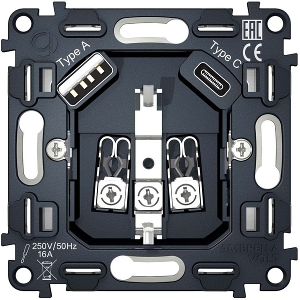 

Механизм электрической розетки Ambrella Volt 2USB A+C 20W быстрая зарядка с заземлением на винтовых зажимах 16A 250V QUANT VM160, Серый, Quant VM160