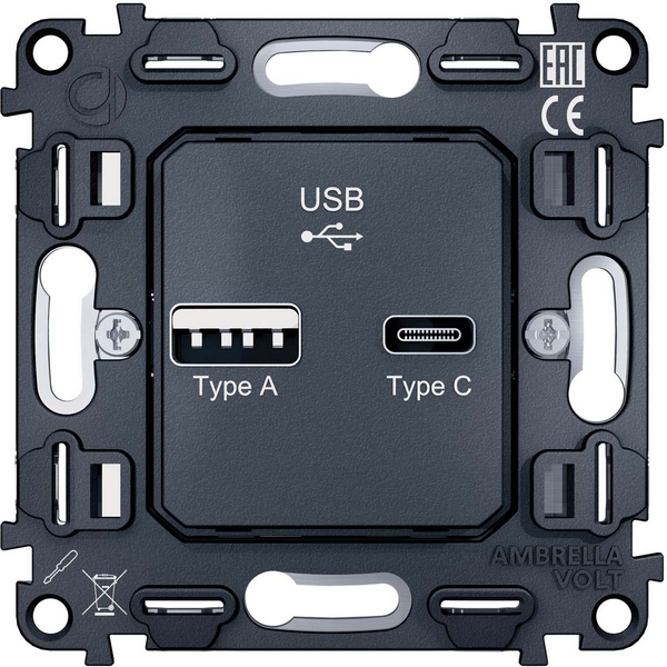 

Механизм розетки Ambrella Volt 2USB A+C 20W быстрая зарядка QUANT VM177, Серый, Quant VM177