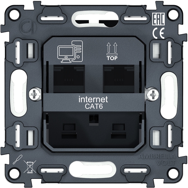 Изображение товара Механизм компьютерной двойной Ethernet RJ-45 розетки с автоматической защитной шторкой встраиваемый (серый) Ambrella Volt QUANT VM189