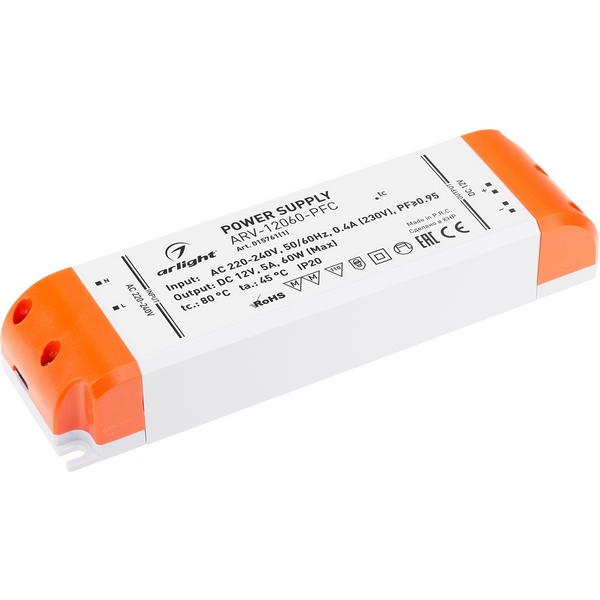 

Блок питания ARV-12060-PFC (12V, 5A, 60W) (Arlight, IP20 Пластик, 2 года) 015761(1), ARV 015761(1)