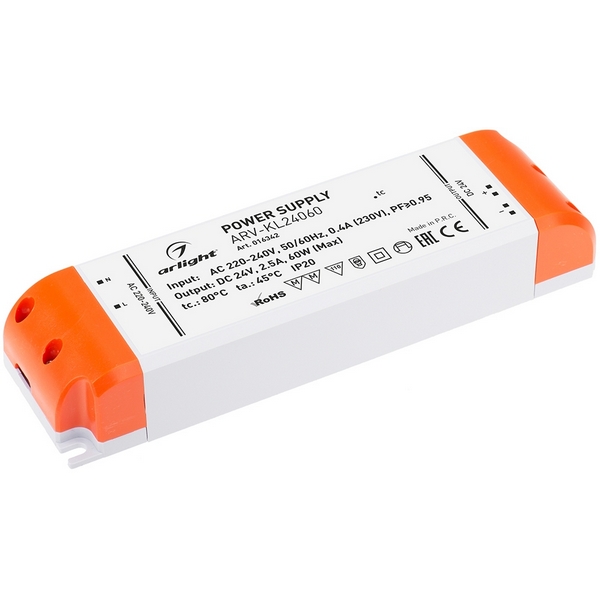 

Блок питания ARV-KL24060 (24V, 2.5A, 60W, PFC) Arlight ARV 016342, Белый, ARV 16342