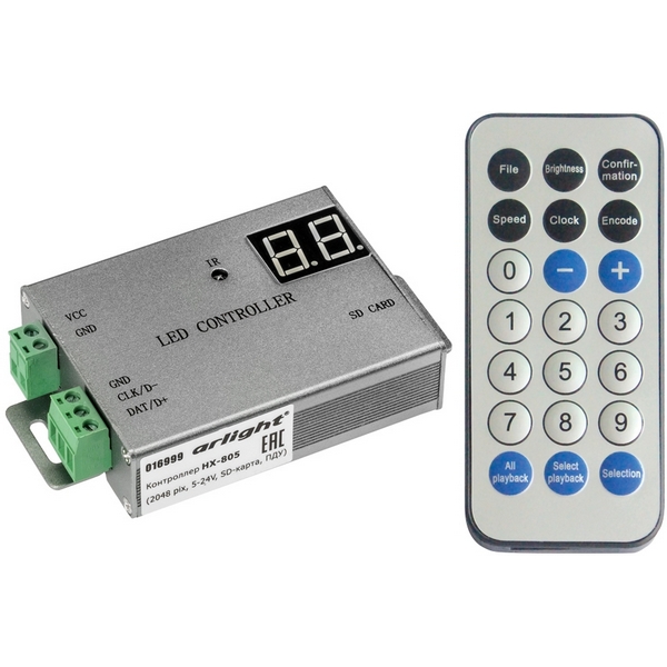 

Контроллер HX-805 (2048 pix, 5-24V, SD-карта, ПДУ) (Arlight) 016999, Серый, 016999