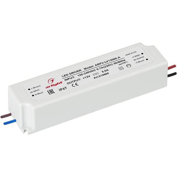 

Блок питания ARPV-LV12060-A (12V, 5.0A, 60W) (IP67 Пластик) Arlight ARPV 018969, Белый, ARPV 18969