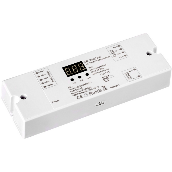

Декодер DMX SR-2102AC (230V, 2x1.2A) (IP20 Пластик) 020375 (Arlight), Белый, 20375