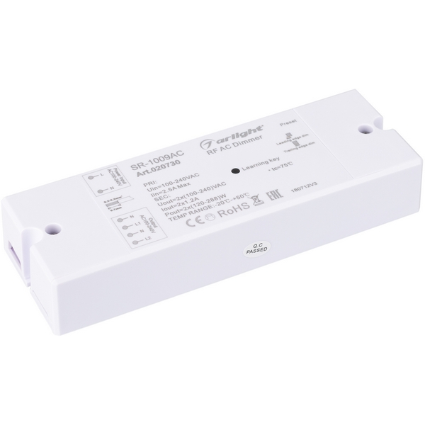 

Диммер SR-1009AC (230V, 2x1.2A) (Arlight, IP20 Пластик, 3 года) 020730, Белый, 020730
