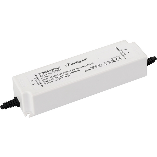 

Блок питания ARPJ-KE86700A (60W, 700mA, PFC) (Arlight, IP65 Пластик, 5 лет) 021902, Белый, 021902