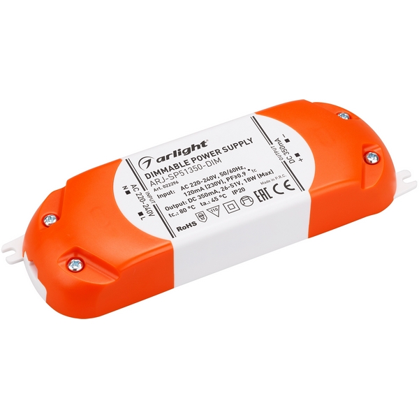 

Блок питания ARJ-SP51350-DIM (18W, 350mA, PFC, Triac) (Arlight, IP20 Пластик, 3 года) 022296, Белый, ARJ 022296