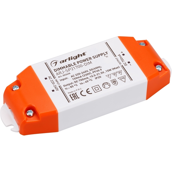 

Блок питания ARJ-SP21700-DIM (15W, 700mA, PFC, Triac) (Arlight, IP20 Пластик, 3 года) 022436, Белый, ARJ 022436