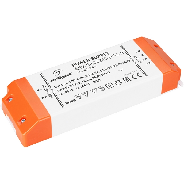 

Блок питания ARV-SN24250-PFC-B (24V, 10.4A, 250W) (Arlight, IP20 Пластик, 3 года) 022923(1), ARV-SN 022923(1)