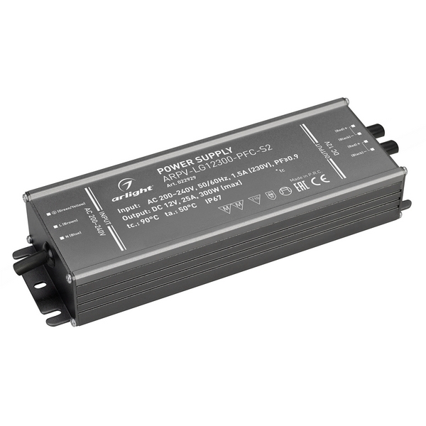 

Блок питания ARPV-LG12300-PFC-S2 (12V, 25.0A, 300W) (Arlight, IP67 Металл, 5 лет) 022929, Серый, ARPV-LG 022929