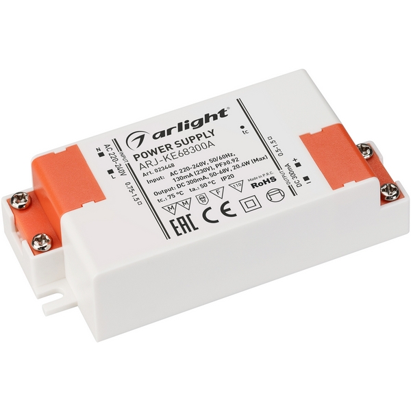

Блок питания ARJ-KE68300A (20W, 300mA, PFC) (Arlight, IP20 Пластик, 5 лет) 023448, Белый, ARJ 023448