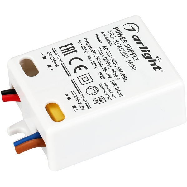 

Блок питания ARJ-KE40250-MINI (10W, 250mA, PFC) (IP20 Пластик) Arlight ARJ 024924, Белый, ARJ 024924