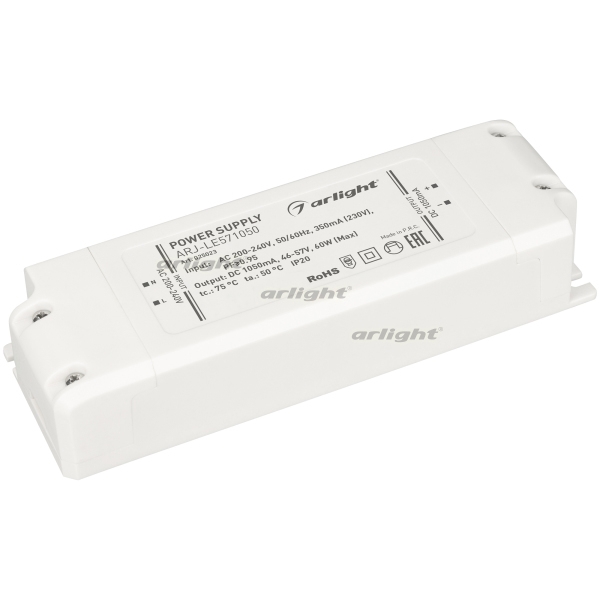 

Блок питания ARJ-LE571050 (60W, 1050mA, PFC) (IP20 Пластик) 025023 (Arlight), Белый, ARJ 025023