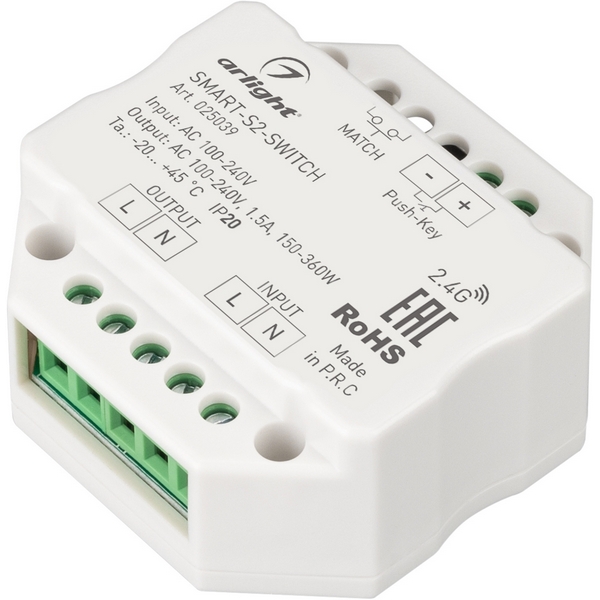 

Контроллер-выключатель SMART-S2-SWITCH (230V, 1.5A, 2.4G) (Arlight, IP20 Пластик, 5 лет) 025039, Белый, 025039