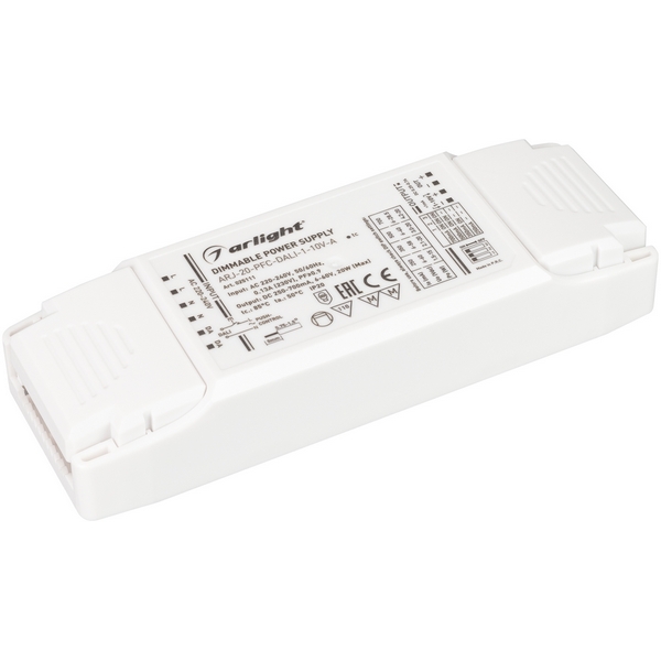 

Блок питания ARJ-20-PFC-DALI-1-10V-A (20W, 250-700mA) (IP20 Пластик) Arlight ARJ 025111, Белый, ARJ 25111