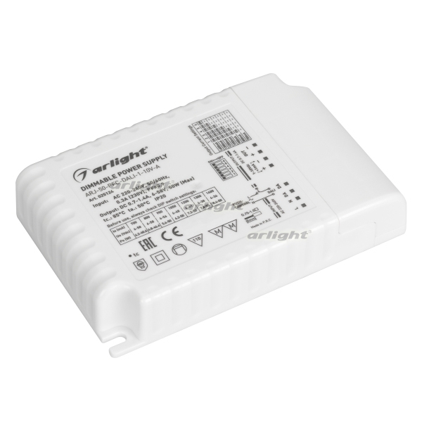 

Блок питания ARJ-50-PFC-DALI-1-10V-A (50W, 700-1400mA) (IP20 Пластик) Arlight ARJ 025124, Белый, ARJ 25124