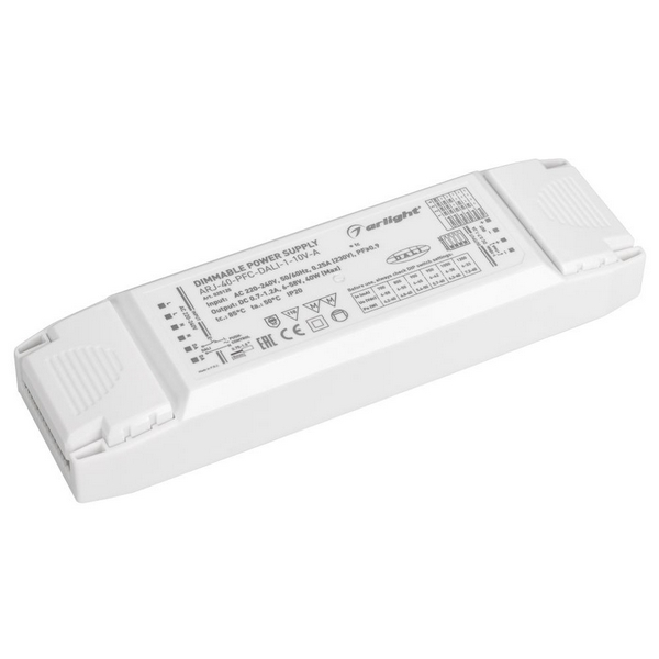 

Блок питания диммируемый ARJ-40-PFC-DALI-1-10V-A (40W, 700-1200mA) Arlight ARJ 025125, Белый, ARJ 25125