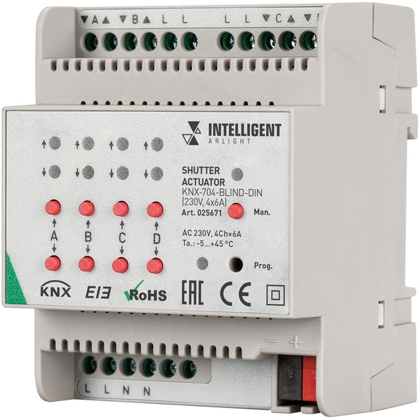 

INTELLIGENT Контроллер штор KNX-704-BLIND-DIN (230V, 4x6A) (IARL, Пластик) 025671 Arlight, 025671