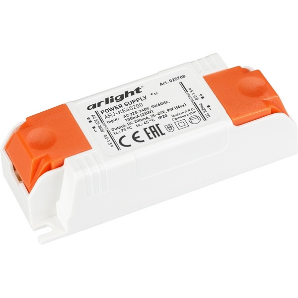 

Блок питания ARJ-KE45200 (9W, 200mA) (Arlight, IP20 Пластик, 5 лет) 025708, Белый, ARJ 025708