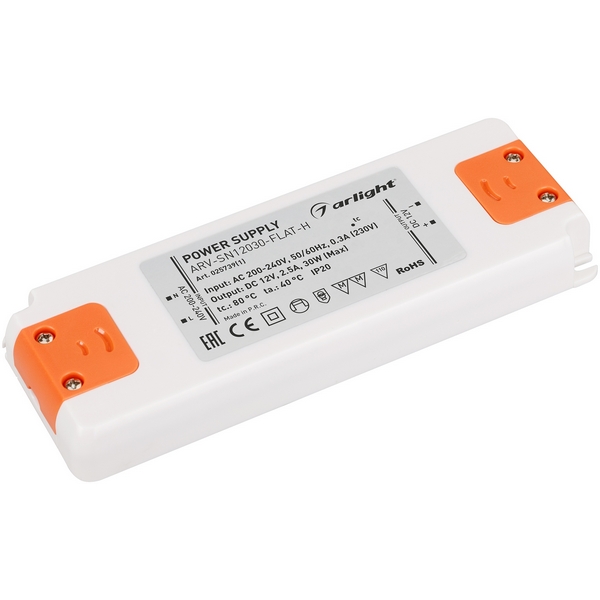 

Блок питания ARV-SN12030-FLAT-H (12V, 2.5A, 30W) (Arlight, IP20 Пластик, 3 года) 025739(1), ARV 025739(1)