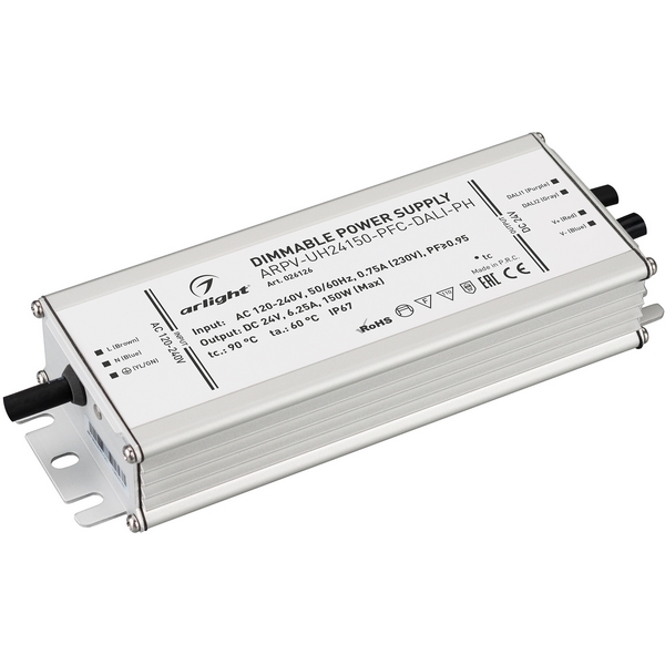 

Блок питания ARPV-UH24150-PFC-DALI-PH (24V, 6.3A, 150W) (Arlight, IP67 Металл, 7 лет) 026126, Серый, ARPV-UH 026126