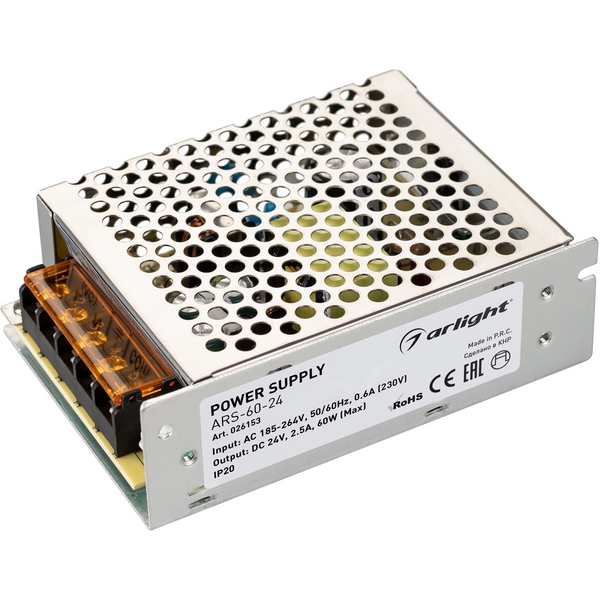 

Блок питания ARS-60-24 (24V, 2.5A, 60W) (Arlight, IP20 Сетка) 026153, Серый, ARS 026153