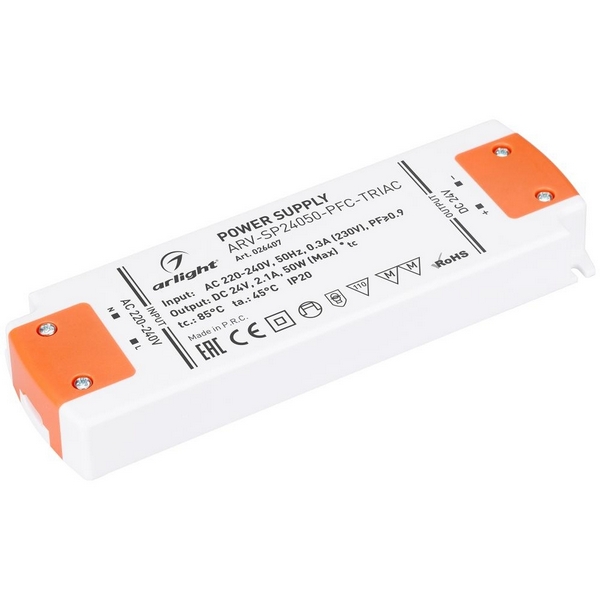 

Блок питания диммируемый ARV-SP24050-PFC-TRIAC (24V, 2.1A, 50W) Arlight ARV 026407, Белый, ARV 26407