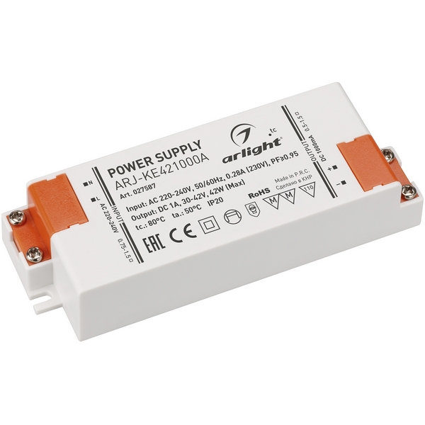 

Блок питания ARJ-KE421000A (42W, 1000mA, PFC) (Arlight, IP20 Пластик, 5 лет) 027587, Белый, ARJ 027587