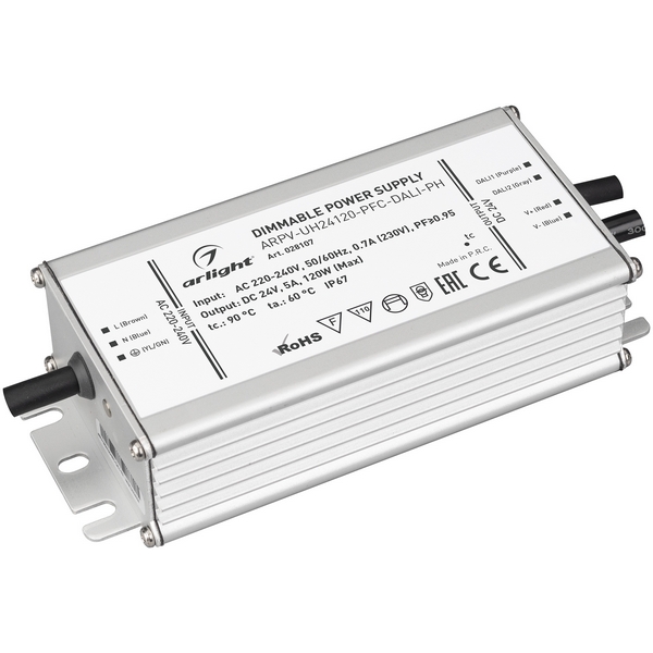 

Блок питания ARPV-UH24120-PFC-DALI-PH (24V, 5.0A, 120W) (Arlight, IP67 Металл, 7 лет) 028107, Серый, ARPV-UH 028107