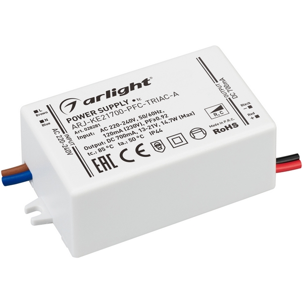 

Блок питания ARJ-KE21700-PFC-TRIAC-A (15W, 700mA) (Arlight, IP44 Пластик, 5 лет) 028281, Белый, ARJ 028281