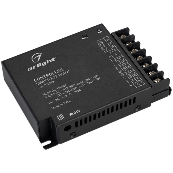 

Контроллер SMART-K32-RGBW (12-48V, 4x8A, 2.4G) (Arlight, IP20 Металл, 5 лет) 028297, Черный, 028297
