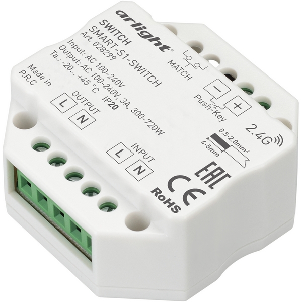 

Контроллер-выключатель SMART-S1-SWITCH (230V, 3A, 2.4G) (Arlight, IP20 Пластик, 5 лет) 028299, Белый, 028299