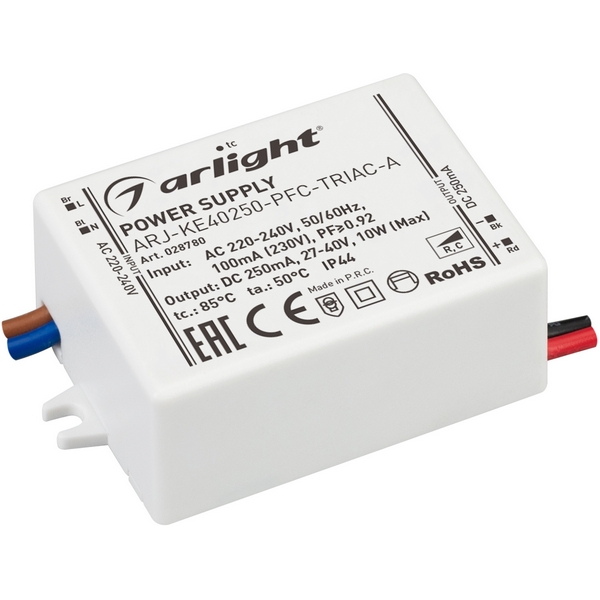 

Блок питания ARJ-KE40250-PFC-TRIAC-A (10W, 250mA) (Arlight, IP44 Пластик, 5 лет) 028780, Белый, ARJ 028780