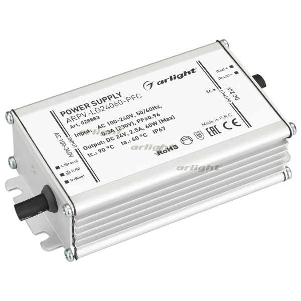 

Блок питания ARPV-LG24060-PFC (24V, 2.5A, 60W) (IP67 Металл) 028883 (Arlight), Серый, ARPV 28883