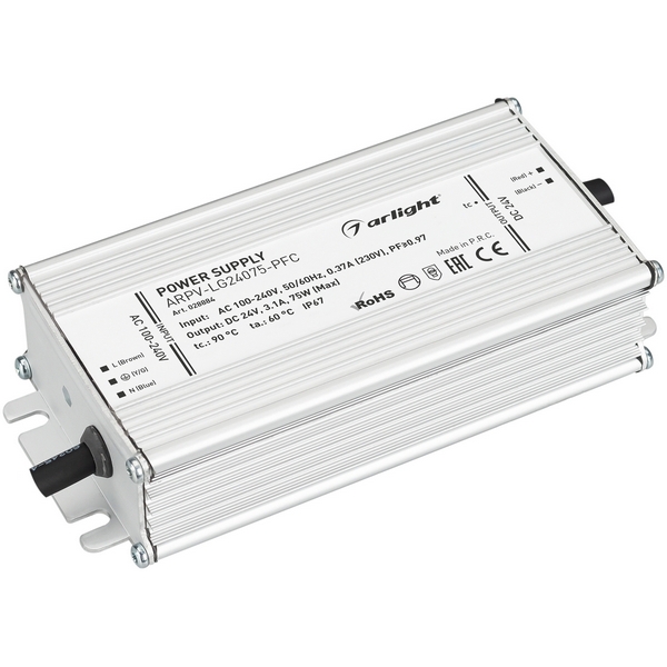 

Блок питания ARPV-LG24075-PFC (24V, 3.1A, 75W) (IP67 Металл) Arlight ARPV 028884, Серый, ARPV 28884