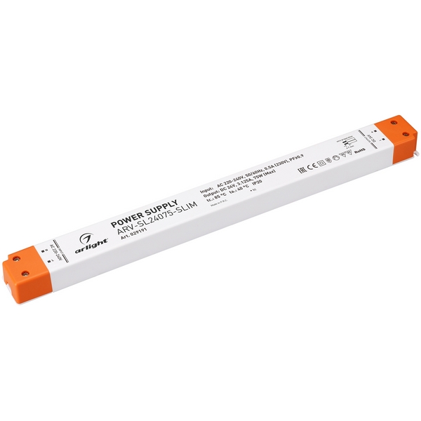 

Блок питания ARV-SL24075-SLIM (24V, 3.12A, 75W, PFC) (IP20 Пластик) Arlight 029191, Белый, 29191