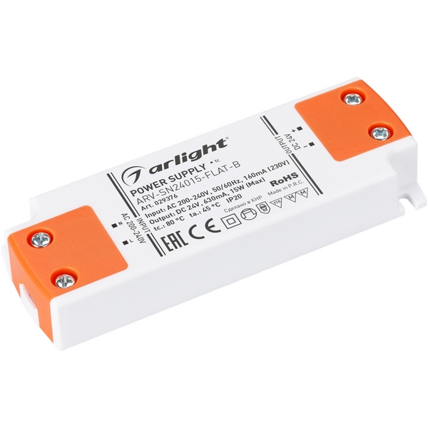 

Блок питания ARV-SN24015-FLAT-B (24V, 0.63A, 15W) (Arlight, IP20 Пластик, 3 года) 029376, Белый, ARV-SN 029376