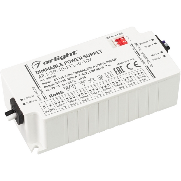 

Блок питания ARJ-SP-10-PFC-0-10V (10W, 120-350mA) (IP20 Пластик) 030928 (Arlight), Белый, ARJ 030928