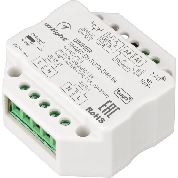 

Диммер SMART-D5-TUYA-DIM-IN (230V, 1.5A, TRIAC, WiFi, 2.4G) (Arlight, IP20 Пластик, 5 лет) 032991(1), Белый, 032991(1)