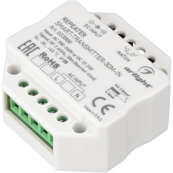 

Контроллер-усилитель SMART-TRANSMITTER-30M-IN (230V, 2.4G) (Arlight, IP20 Пластик, 5 лет) 033000, Белый, 033000