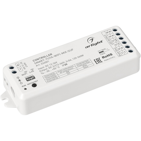 

Контроллер SMART-TUYA-WIFI-MIX-SUF (12-36V, 2x5A, 2.4G) (Arlight, IP20 Пластик, 5 лет) 034501, Белый, 034501