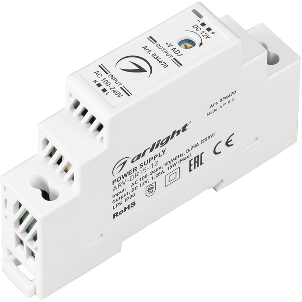 

Блок питания ARV-DR15-12 (12V, 1.25A, 15W) (Arlight, IP20 DIN-рейка) 034670, ARV 034670