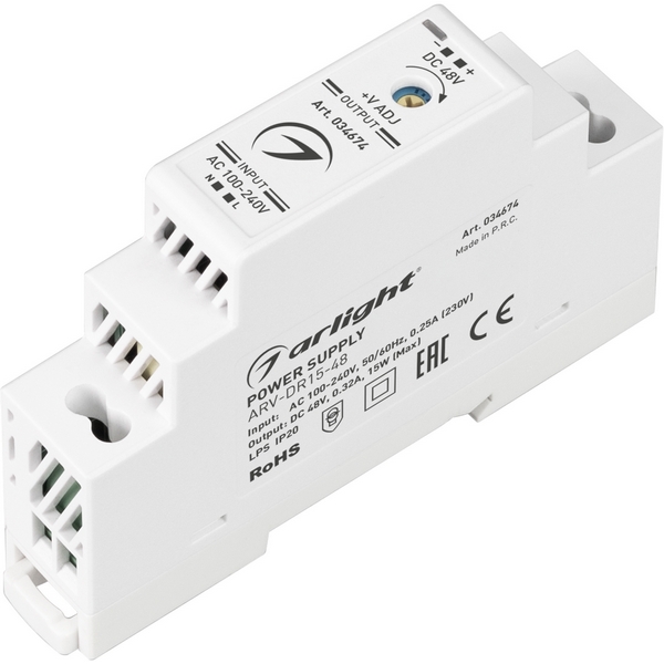 

Блок питания ARV-DR15-48 (48V, 0.32A, 15W) (Arlight, IP20 DIN-рейка) 034674, ARV 034674