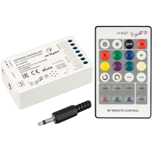 

Аудиоконтроллер ARL-SOUND-RGB/RGBW (12-24V, 4x4A, RF ПДУ 24кн) (Arlight, IP20 Пластик, 3 года) 034726, 034726