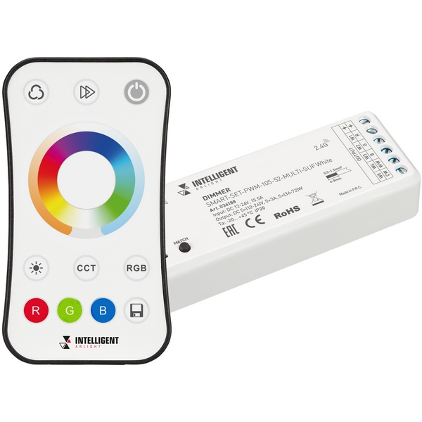 

INTELLIGENT Диммер SMART-SET-PWM-105-52-MULTI-SUF White (12-24V, 5x3A, ПДУ RING 10кн, 2.4G) (IARL, IP20 Пластик, 5 лет) 036188 Arlight, 036188