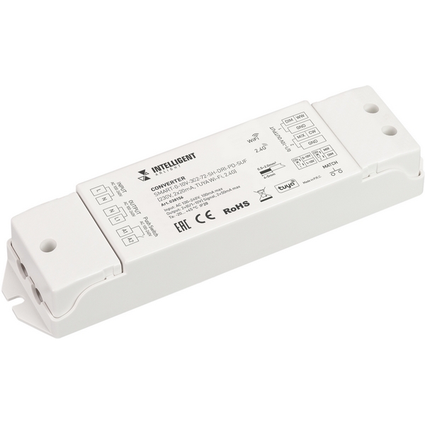 

INTELLIGENT Конвертер SMART-0-10V-302-72-SH-DRI-PD-SUF (230V, 2x20mA, TUYA Wi-Fi, 2.4G) (IARL, IP20 Пластик, 5 лет) 038156 Arlight, 038156