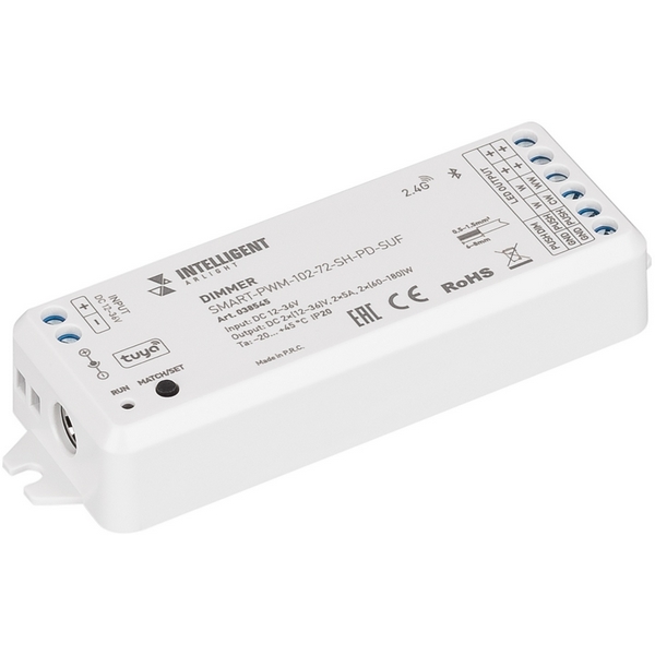 

INTELLIGENT ARLIGHT Диммер SMART-PWM-102-72-SH-PD-SUF (12-36V, 2x5A, TUYA BLE, 2.4G) (IARL, IP20 Пластик, 5 лет) 038545 Arlight, 038545